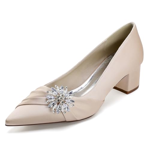Damen Spitze Zehen Plissee Satin Brautschuhe Mittlerer Blockabsatz Hochzeit Kleid Schuhe Slip Auf Abendpartei Abschlussball Pumps Mit Strass,Champagne,39 EU von smlekwc