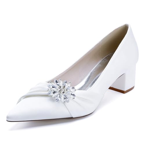 Damen Spitze Zehen Plissee Satin Brautschuhe Mittlerer Blockabsatz Hochzeit Kleid Schuhe Slip Auf Abendpartei Abschlussball Pumps Mit Strass,Weiß,35 EU von smlekwc