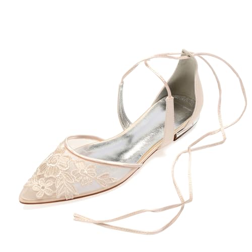 Damen Spitze Zehen Satin Mesh Brautschuhe Schnüren Kleid Sandalen Mit Spitzenapplikationen Flache Absatz Hochzeit Partei Abschlussball Schuhe,Champagne,42 EU Damen Spitze Zehen Satin Mesh Brautschuhe Schnüren Kleid Sandalen Mit Spitzenapplikationen Flache Absatz Hochzeit Partei Abschlussball Schuhe,Champagne,42 EU von Generic