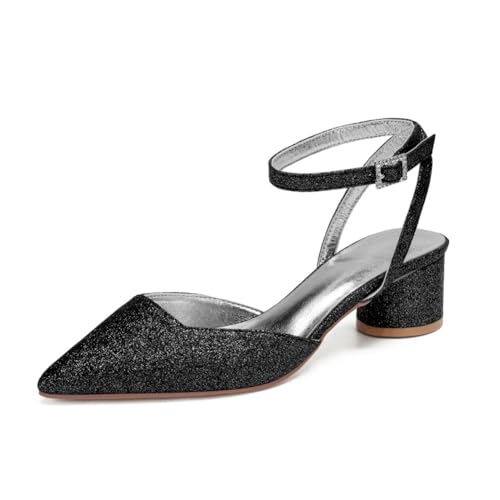 Damen Spitze Zehen Slingback Hochzeit Sandalen Knöchelriemen Kleid Pumps Mit Schnalle Niedriger Blockabsatz Glitzer Brautjungfer Schuhe,Schwarz,35 EU von smlekwc