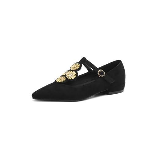 Damen Spitzzehen Faux-Suede Retro-Kleid Schuhe T-Riemen Mary Janes Mit Schnalle Niedrig Absatz Ballerinas,Schwarz,41.5 EU von smlekwc