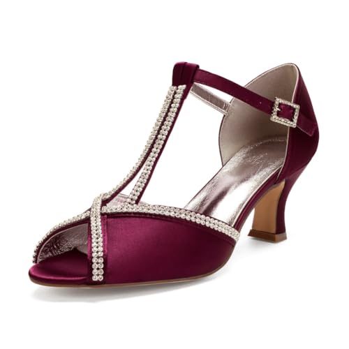 Damen T-Riemen Hochzeit Kleid Schuhe Peep Toe Satin Braut Sandalen Mit Strass Mittlerer Blockabsatz Abend Partei Abschlussball Schuhe Mit Schnalle,Burgundy,40 EU Damen T-Riemen Hochzeit Kleid Schuhe Peep Toe Satin Braut Sandalen Mit Strass Mittlerer Blockabsatz Abend Partei Abschlussball Schuhe Mit Schnalle,Burgundy,40 EU von smlekwc