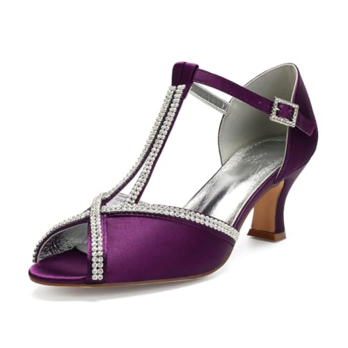 Damen T-Riemen Hochzeit Kleid Schuhe Peep Toe Satin Braut Sandalen Mit Strass Mittlerer Blockabsatz Abend Partei Abschlussball Schuhe Mit Schnalle,Lila,36 EU Damen T-Riemen Hochzeit Kleid Schuhe Peep Toe Satin Braut Sandalen Mit Strass Mittlerer Blockabsatz Abend Partei Abschlussball Schuhe Mit Schnalle,Lila,36 EU von smlekwc