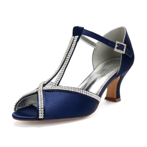 Damen T-Riemen Hochzeit Kleid Schuhe Peep Toe Satin Braut Sandalen Mit Strass Mittlerer Blockabsatz Abend Partei Abschlussball Schuhe Mit Schnalle,Marine,38 EU Damen T-Riemen Hochzeit Kleid Schuhe Peep Toe Satin Braut Sandalen Mit Strass Mittlerer Blockabsatz Abend Partei Abschlussball Schuhe Mit Schnalle,Marine,38 EU von smlekwc