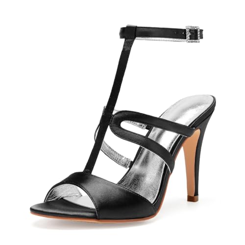 Damen T-Riemen Hochzeit Kleid Schuhe Peep Toe Satin Brautschuhe Hoher Pfennigabsatz Abend Partei Abschlussball Pumps,Schwarz,39 EU von smlekwc