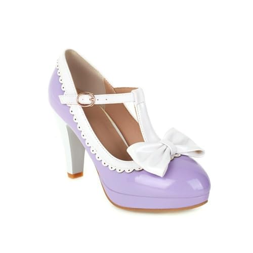 Damen T-Riemen Kleid Pumps Mit Schnalle Lackleder Mary Janes Mit Schleife Hoher Stämmiger Ferse Plateau Lolita Schuhe,Lila,35 EU von smlekwc