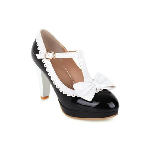 Damen T-Riemen Kleid Pumps Mit Schnalle Lackleder Mary Janes Mit Schleife Hoher Stämmiger Ferse Plateau Lolita Schuhe,Schwarz,39 EU von smlekwc