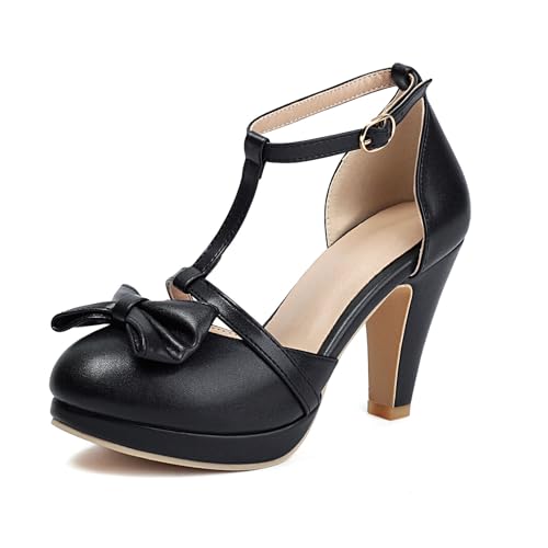 Damen T-Riemen Mary Janes Mit Schnalle Runde Zehen Plateau Kleid Pumps Hoher Stämmiger Ferse Partei Abschlussball Schuhe Mit Schleife,Schwarz,38.5 EU von smlekwc