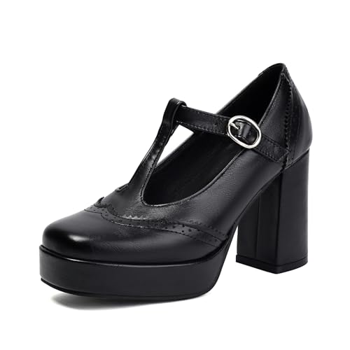 Damen T-Riemen Plateaukleid Pumps Brogues Mit Blockabsatz Retro Quadratische Zehen PU-Leder Mary Janes,Schwarz,38 EU von smlekwc