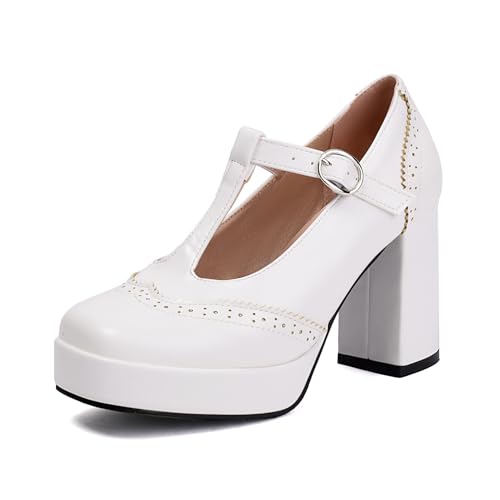 Damen T-Riemen Plateaukleid Pumps Brogues Mit Blockabsatz Retro Quadratische Zehen PU-Leder Mary Janes,Weiß,41 EU von smlekwc