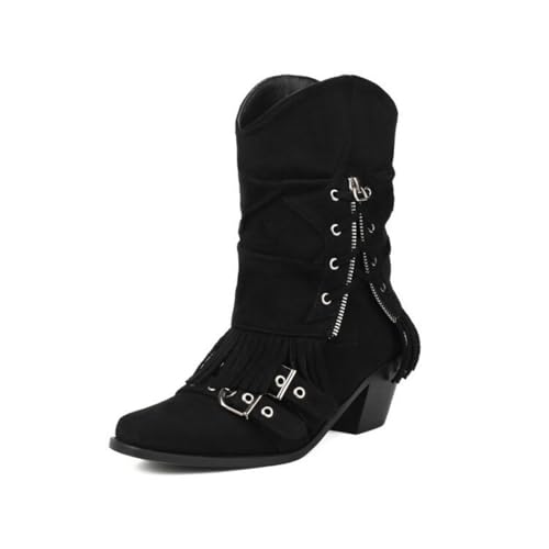 smlekwc Damen Blockabsatz Western-Cowboystiefel Veloursleder Mittelhohe Stiefel Mit Quaste Zum Reinschlüpfen Breitem Kalb Stiefel Mit Schnalle,Schwarz,39 EU von smlekwc