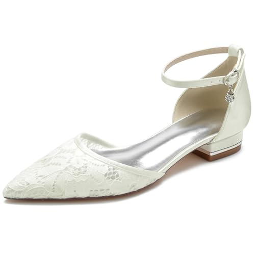 smlekwc Damen Flache Absatz Spitze Ausgeschnitten Hochzeit Pumps Spitze Zehen Brautschuhe Abend Partei Abschlussball Knöchelriemen Kleid Schuhe,Elfenbein,37 EU von smlekwc