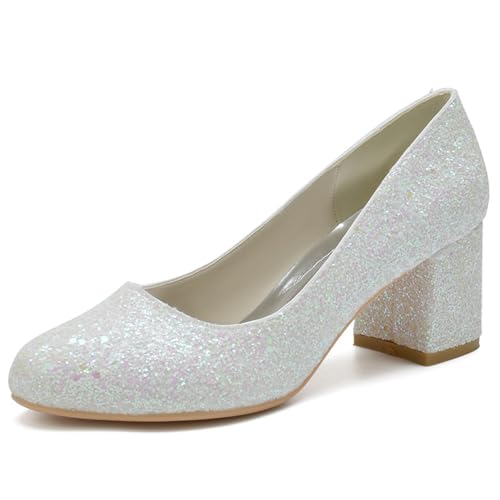 smlekwc Damen Geschlossene Runde Zehen Hochzeit Kleid Schuhe Slip Auf Glitzer Brautschuhe Stämmiger Absatz Abend Partei Abschlussball Schuhe,Elfenbein,42 EU von smlekwc