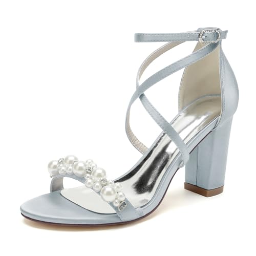 smlekwc Damen Hoher Blockabsatz Satin Brautschuhe Offene Zehen Kleid Pumps Mit Perle Hochzeit Partei Abschlussball Kreuz Knöchelriemen Sandalen,Silber,41 EU von smlekwc