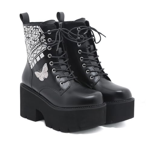 smlekwc Damen Hoher Stämmiger Absatz Stiefeletten Mit Stollensohle Schnürung Plateau Kampfstiefel Runde Zehen Gothic Punk Stiefel Mit Stickerei Genähte,Schwarz,39 EU smlekwc Damen Hoher Stämmiger Absatz Stiefeletten Mit Stollensohle Schnürung Plateau Kampfstiefel Runde Zehen Gothic Punk Stiefel Mit Stickerei Genähte,Schwarz,39 EU von smlekwc