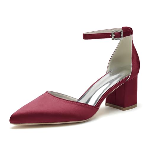 smlekwc Damen Knöchelriemen Satin Brautschuhe Geschlossene Spitz Zehen Kleid Schuhe Mittlere Stämmiger Absatz Partei Abschlussball Hochzeit Pumps,Burgundy,43 EU von smlekwc