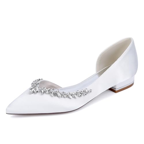 smlekwc Damen Niedriger Ferse Ballerinas Mit Strass Spitze Zehen Satin Brautschuhe Slip Auf Hochzeit Partei Kleid Schuhe,Weiß,40 EU von smlekwc