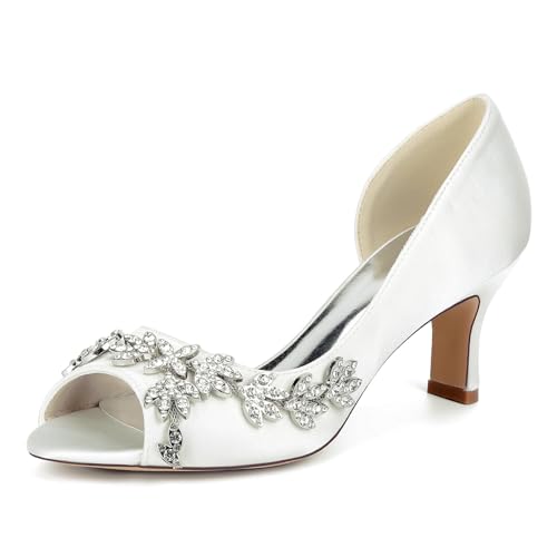 smlekwc Damen Peeptoe Hochzeit Kleid Sandalen Slip Auf Satin Brautschuhe Mit Strass Mittlerer Absatz Abend Partei Abschlussball Schuhe,Elfenbein,36 EU von smlekwc