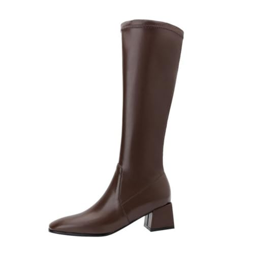 smlekwc Damen Quadratischer Zehen Lange Stiefel Aus Leder Mittlerer Stämmiger Absatz Kniehohe Seitlichem Reißverschluss Stiefel Braune Retro-Stiefel,Brown Velvet Lining,38 EU von smlekwc