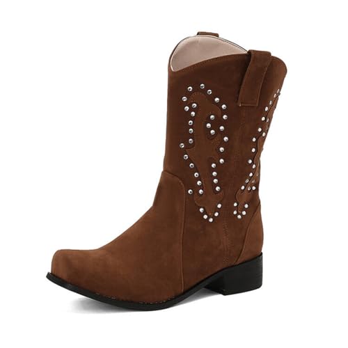 smlekwc Damen Quadratischer Zehen Western-Cowboystiefel Niedriger Stämmiger Absatz Kurze Stiefel Zum Anziehen Stiefeletten Mit Weiten Waden,Braun,44.5 EU von smlekwc