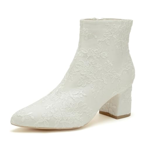 smlekwc Damen Reißverschluss Spitze Brautschuhe Geschlossen Spitz Zehen Kleid Pumps Hochzeit Partei Abschlussball Mittlerer Stämmiger Absatz Stiefeletten,Ivory2,40 EU von smlekwc