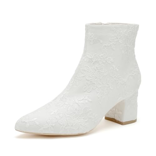 smlekwc Damen Reißverschluss Spitze Brautschuhe Geschlossen Spitz Zehen Kleid Pumps Hochzeit Partei Abschlussball Mittlerer Stämmiger Absatz Stiefeletten,Weiß,39 EU von smlekwc