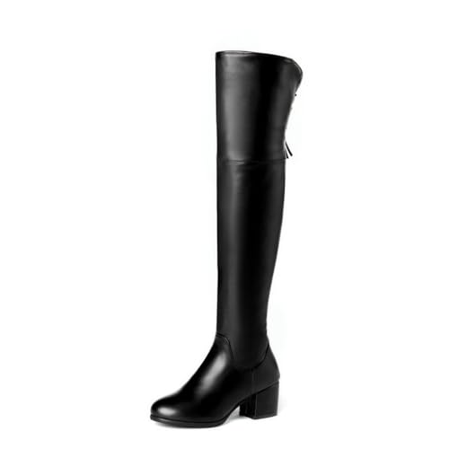smlekwc Damen Round Toe Overknee-Stiefel Leder Lange Stiefel Mit Seitlichem Reißverschluss Stämmiger Absatz Oberschenkelhohe Stiefel,Schwarz,44 von smlekwc