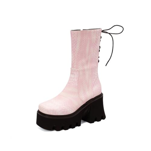 smlekwc Damen Schnürer Mittelhohe Stiefel Mit Seitlichem Reißverschluss Runde Zehen Kurze Stiefel Aus Leder Stämmiger Absatz Plateau-Chelsea-Stiefel,Rosa,44.5 EU von smlekwc