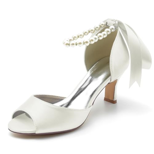 smlekwc Damen Schnürung Satin Hochzeit Pumps Mit Perle Mitte Stämmiger Absatz Brautschuhe Abendpartei Abschlussball Peeptoe Kleid Sandalen,Elfenbein,39 EU von smlekwc