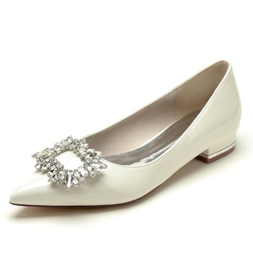 smlekwc Damen Slip Auf Brautschuhe Mit Quadratischem Strass Flache Absatz Lackleder Hochzeit Pumps Abendpartei Abschlussball Spitz Zehen Schuhe,Elfenbein,42 EU von smlekwc