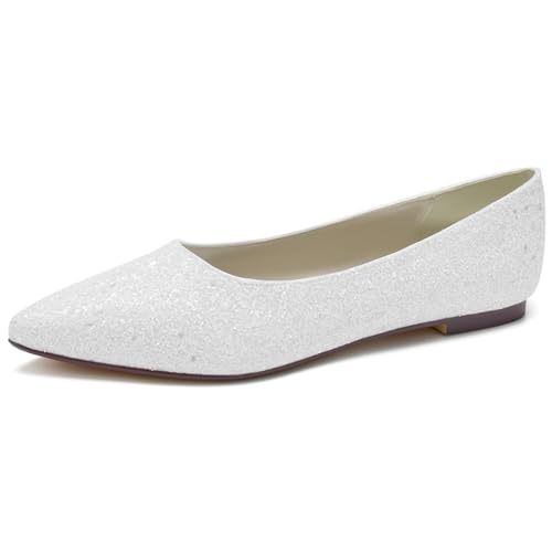 smlekwc Damen Spitze Zehen Glitzer Brautschuhe Flache Ferse Ballerinas Schuhe Slip Auf Hochzeit Partei Abschlussball Schuhe,Weiß,37 EU von smlekwc