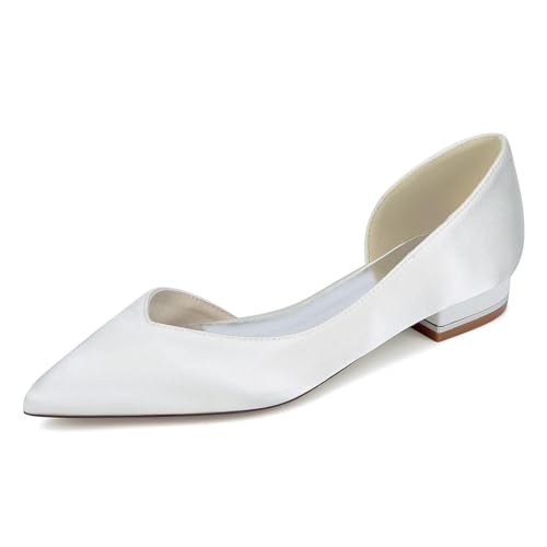smlekwc Damen Spitze Zehen Satin Brautschuhe Slip Auf Hochzeit Kleid Schuhe Flache Ferse Abend Partei Abschlussball Schuhe,Elfenbein,38 EU von smlekwc