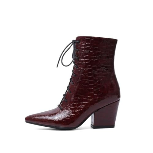 smlekwc Frauen Schnürung Lackleder Kurze Stiefel Hoher Stämmiger Absatz Chelsea-Stiefel Spitze Zehen Retro Kleid Stiefel,Burgundy,39 EU von smlekwc
