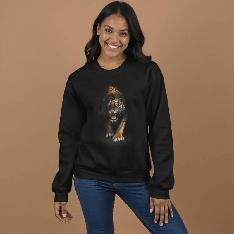 Damen Sweatshirt Mit Tiger Design - Lässiger Pullover Schwarz Animal Sweater Motiv Bt 18000 von smygfashion