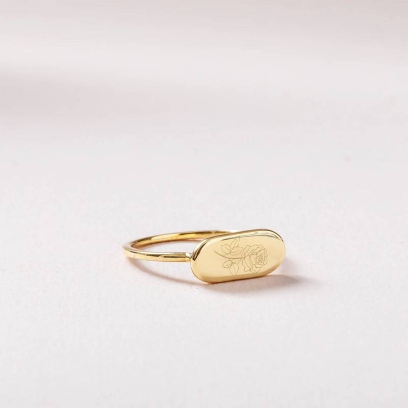 14K 18K Echtgold Gravierte Blume Rechteck Ring, Benutzerdefinierte Personalisierte Siegelring Geburt Geburtsmonat Floral Schmuck von sochicShe