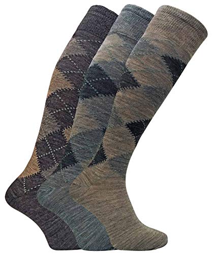 Sock Snob - 3 Paar Herren Extra lange Knie High Argyle Lämmer Wollkleid Socken in Braun oder Grau (39-45, Braun) von Sock Snob