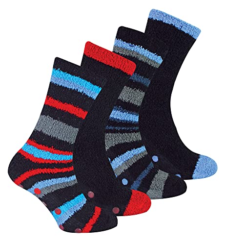 sock snob 4er Pack Herren Kuschelsocken mit Noppen Warme Rutschfest Stoppersocken | Antirutsch Flauschige Bettsocken (39-45, Blau / roter Streifen) von Sock Snob