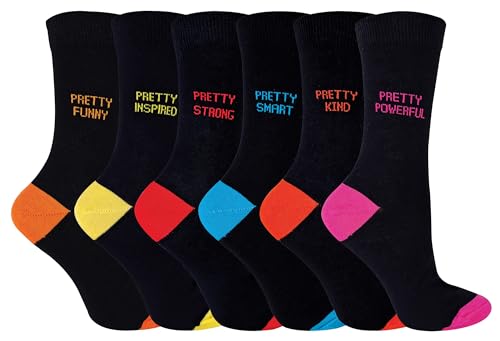 Sock Snob - 6 Paar Damen Socken Schwarz Baumwolle mit Lustig Motiv Gemustert mit Buntem Rand (37-40, Heel & Toe) von Sock Snob