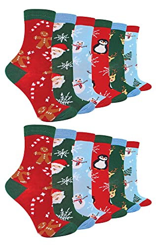 Sock Snob Kinder Bunt Weihnachtssocken Atmungsaktiv Baumwolle Lustig Socken für Jungen und Mädchen (27-30, 12 Pack) von Sock Snob