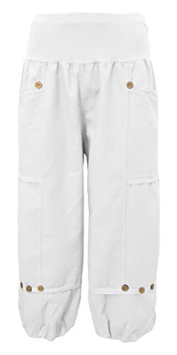 sockenhimmel Kurze Hosen Damen aus 100% Leinen - Caprihose mit Gummizug - 7/8 Hose mit aufgesetzten Taschen (40/42 L, Weiß) von sockenhimmel