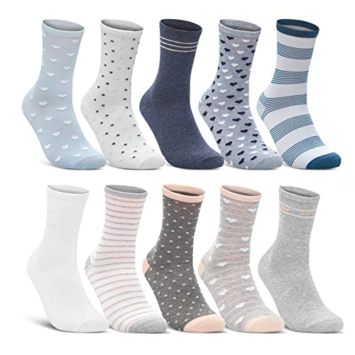 10 Paar Damen Socken Baumwolle Mehrfarbig Streifen Punkte Herzen 34911/2+34924 (35-38) von sockenkauf24