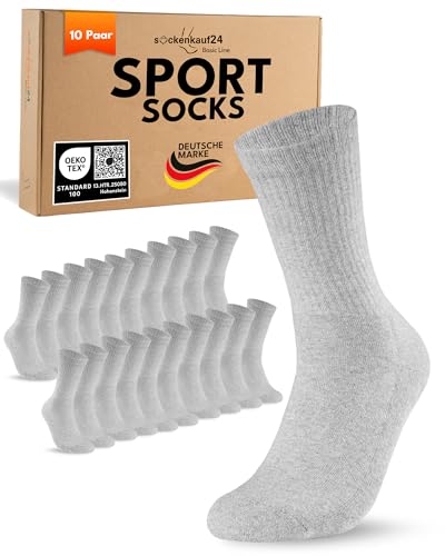 10 Paar Sportsocken Herren Grau 39-42 Damen Tennissocken Atmungsaktive Baumwolle Crew Socken von sockenkauf24
