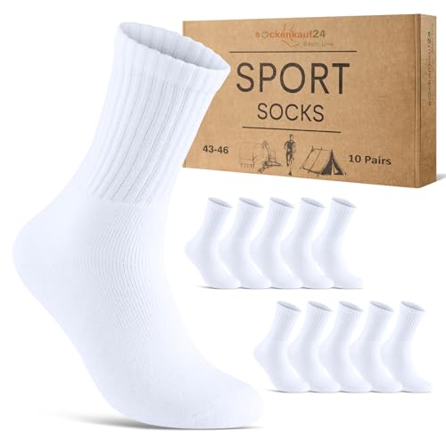 10 Paar Sportsocken Herren Tennissocken Baumwolle Atmungsaktive Crew Socken 70205T (Weiß 43-46) von sockenkauf24