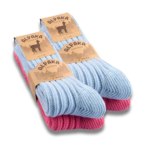 4 Paar Alpaka Socken Herren Damen Wollsocken warme Wintersocken 20900 (Blau Pink 39-42) von sockenkauf24