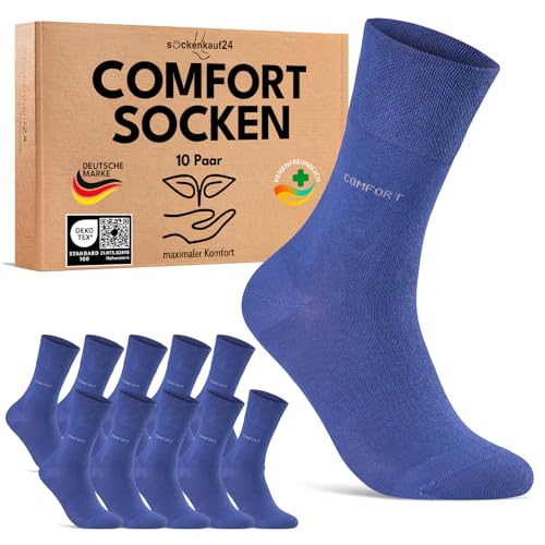 Comfort Socken ohne Gummibund & ohne Naht für Damen & Herren (10 Paar) Gesundheitssocken ohne Gummi mit Komfortbund 70209T (Blau 47-50) von sockenkauf24