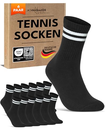6 Paar Tennissocken Damen 39-42 Schwarz Sportsocken Atmungsaktiv Damensocken Baumwolle Retro Crew Socken (Schwarz Ringel 39-42) von sockenkauf24