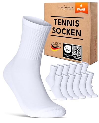 6 Paar Tennissocken Damen 39-42 Weiß Sportsocken Atmungsaktiv Damensocken Baumwolle Retro Crew Socken (Weiß 39-42) von sockenkauf24