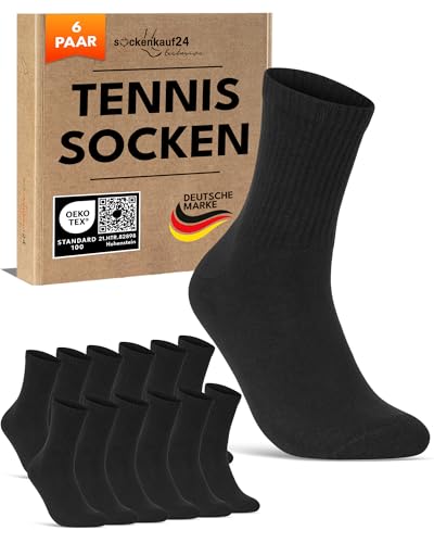 6 Paar Tennissocken Herren 39-42 Schwarz Sportsocken Atmungsaktiv Herrensocken Baumwolle Retro Crew Socken (Schwarz 39-42) von sockenkauf24