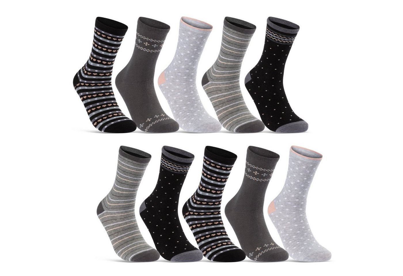 sockenkauf24 Basicsocken 10 Paar Damen Socken Mehrfarbig Streifen Punkte (34977/1, 35-38) Herzen Maritim Baumwolle von sockenkauf24