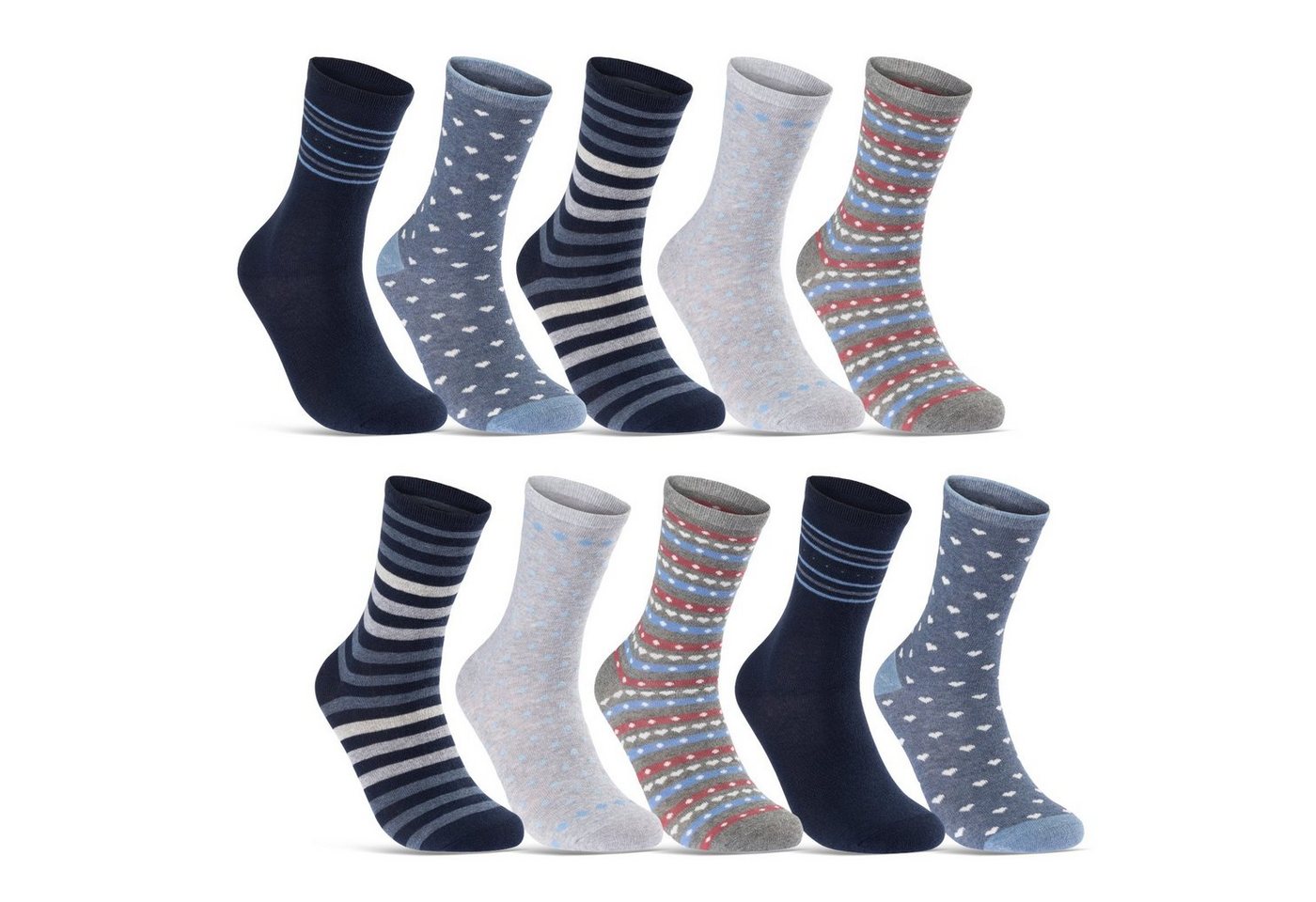 sockenkauf24 Basicsocken 10 Paar Damen Socken Mehrfarbig Streifen Punkte (34977/2, 35-38) Herzen Maritim Baumwolle von sockenkauf24